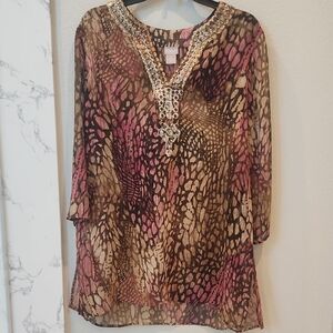 Chico's Brown and Tan Graphic Tunic, Size 12
